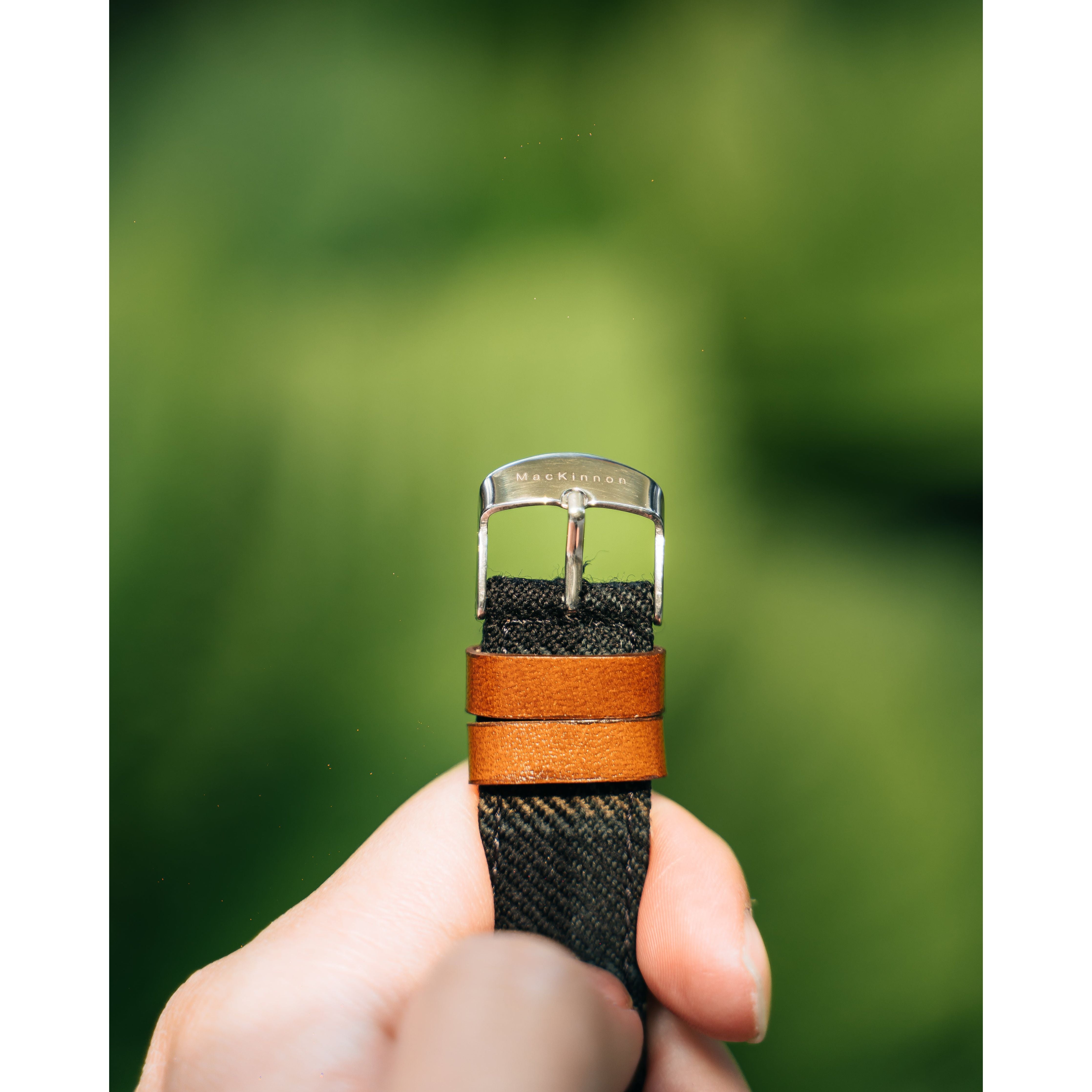 a hand holding a custom tartan watch band