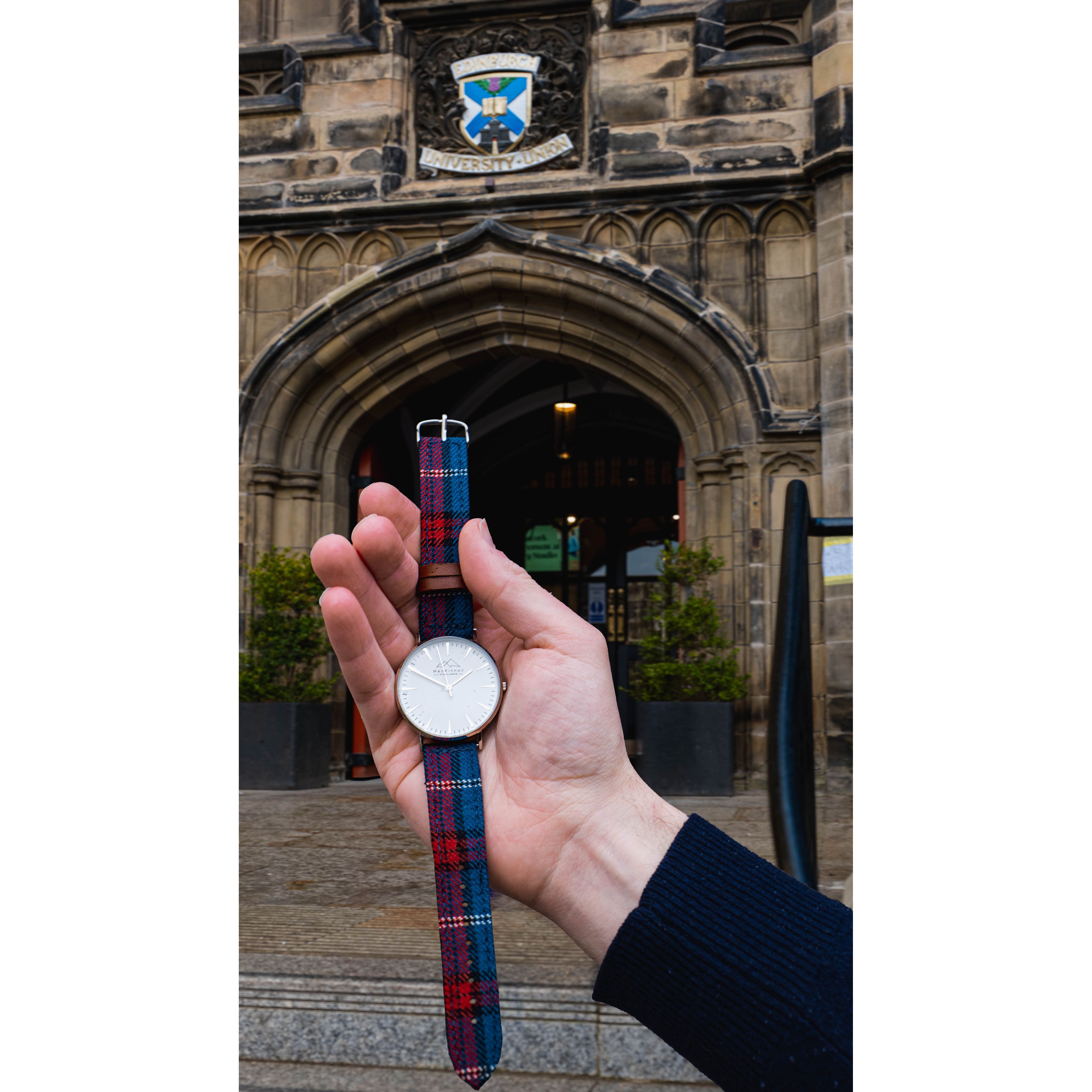Official University of Edinburgh tartan watch with silver dial and premium leather-backed strap