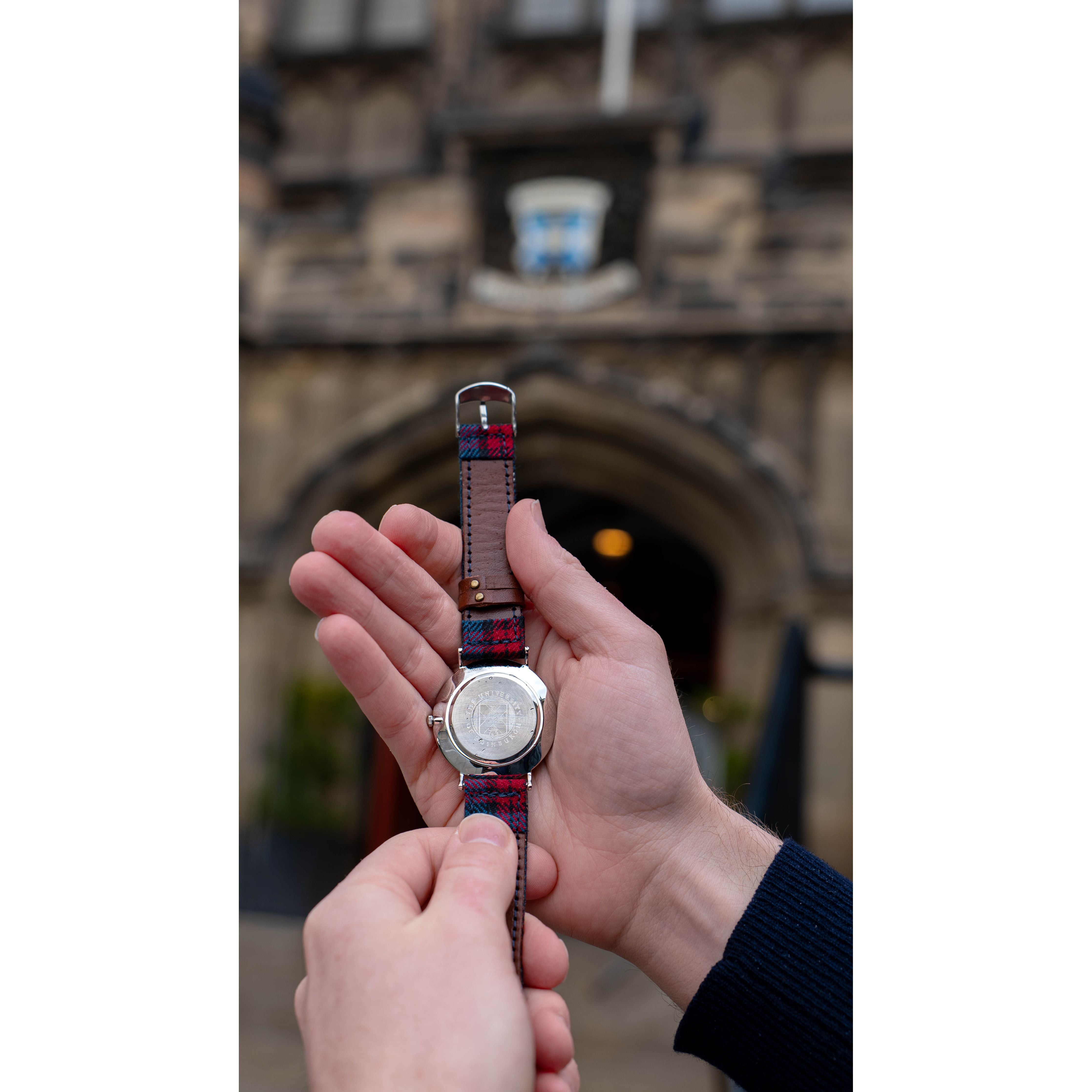 Scottish tartan watch with silver face inspired by the University of Edinburgh tartan