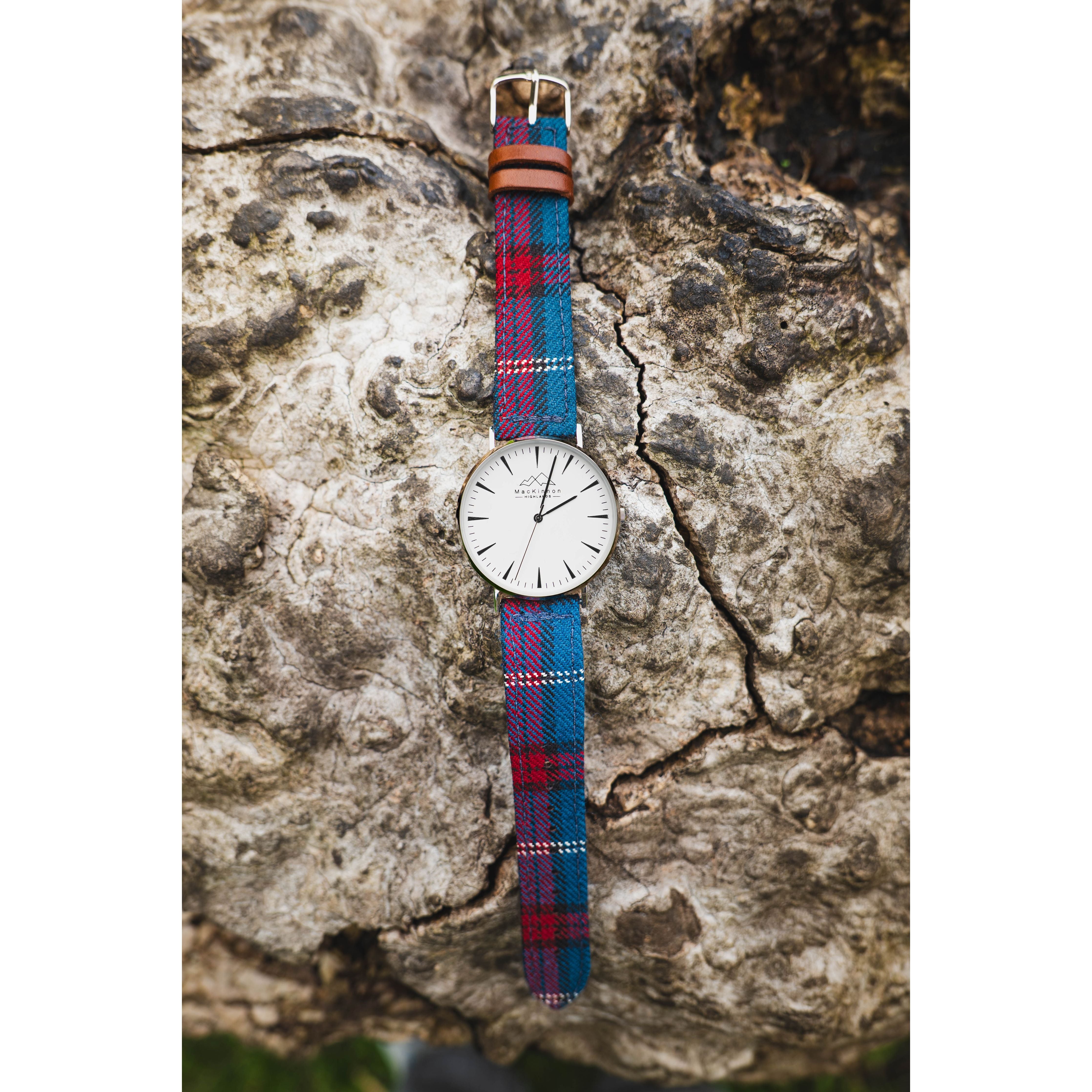 University of Edinburgh silver watch with blue and red tartan strap handmade in Scotland