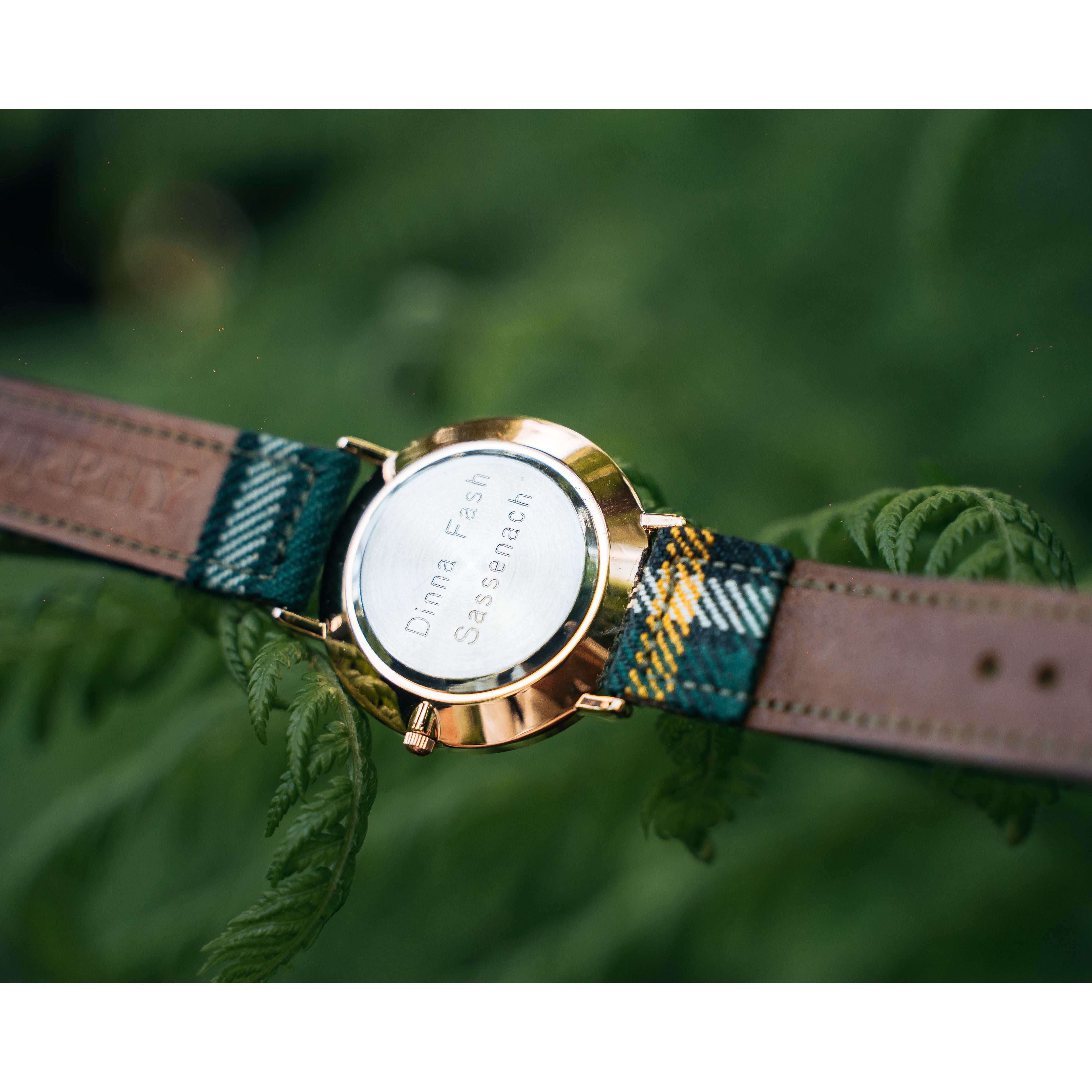 custom engraving that says "Diana Fash" on a custom tartan watch