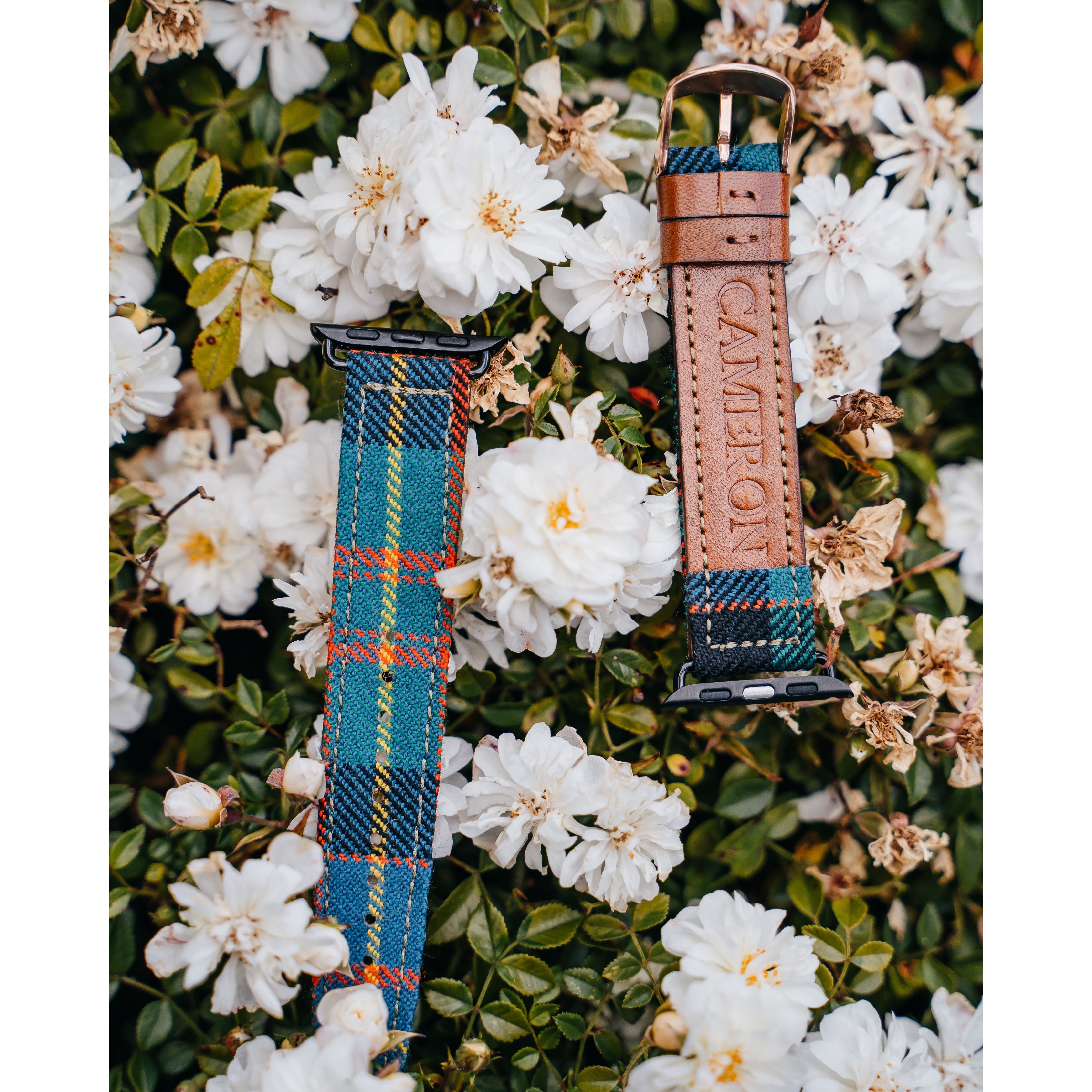 tartan apple watch band on a bed of flowers
